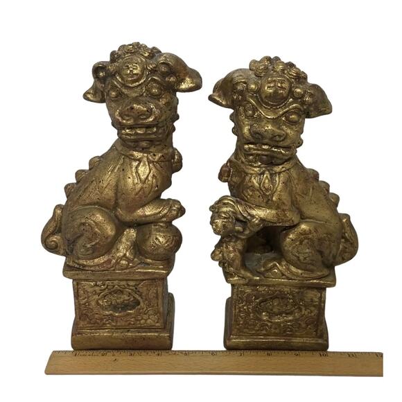 Vintage Brushed Gold Foo Dog Chinese Imperial Guardians Lion Bookends- A Pair - Picture 14 of 16